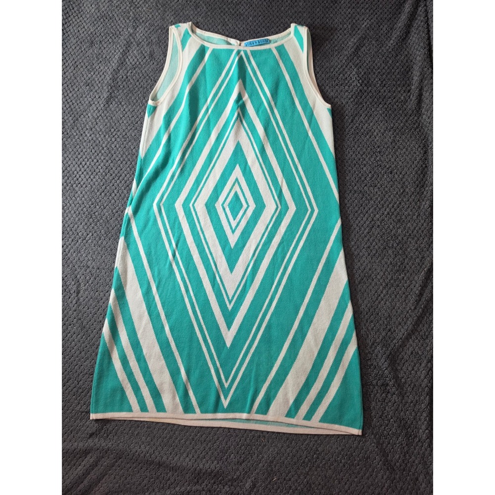 Alice + Olivia Teal White Geometric Diamond Knit Sleeveless Shift Dress